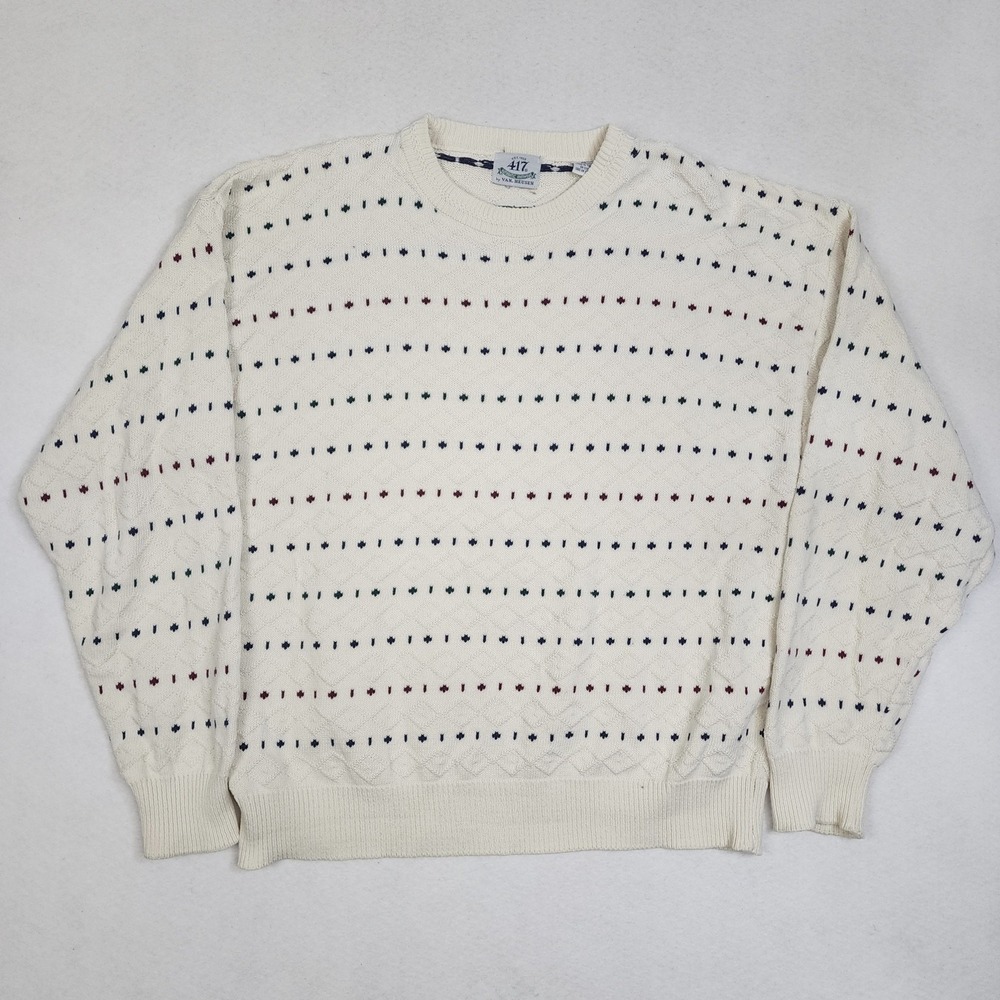 VTG 417 By Van Heusen Sweater Mens XL Cream Geometric Knitted Cotton Long Sleeve